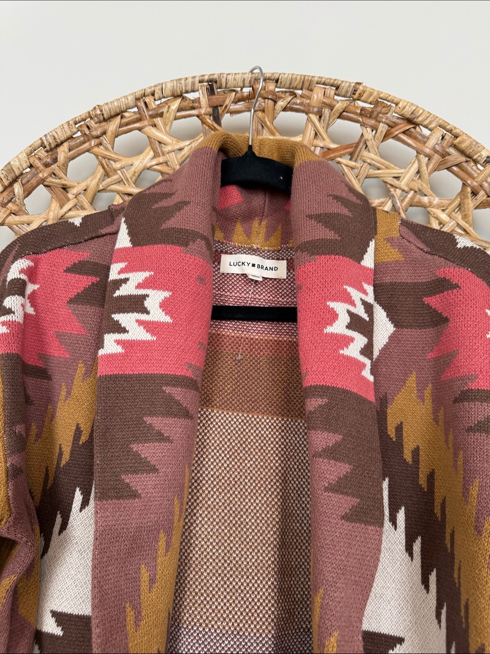 Lucky Brand Aztec Open-Front Cardigan in Pink, Brown, Rust & Cream - Picture 8 of 12